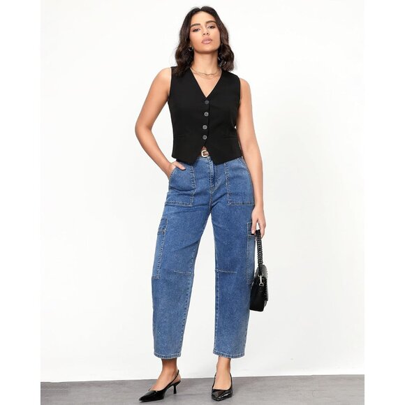 Women Jeans High Waisted Crop Cargo Pockets Wide Leg Stretch Denim - Picture 4 of 6